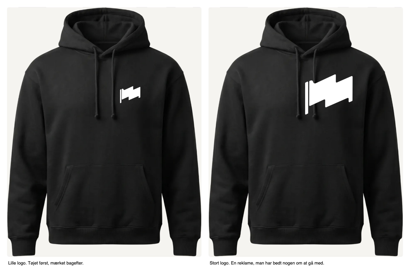 To hoodies fra konfiguratoren: samme logo i lille og stor størrelse