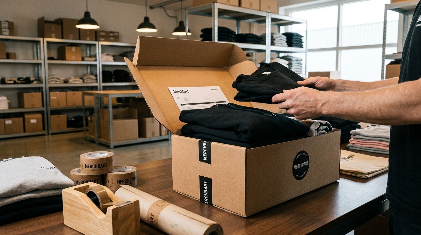 Merchbart-pakke lagt i en brandet kasse, klar til afsendelse